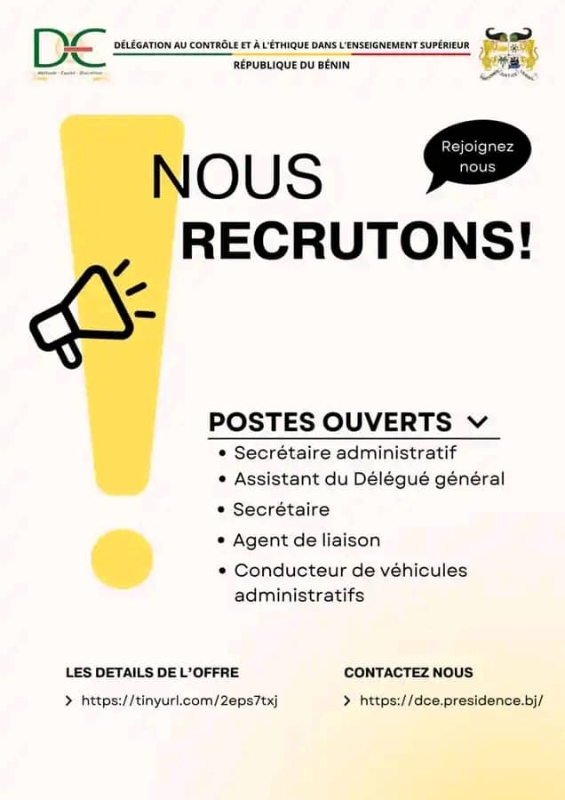 Bénin : la DCE recrute du personnel pour cinq postes